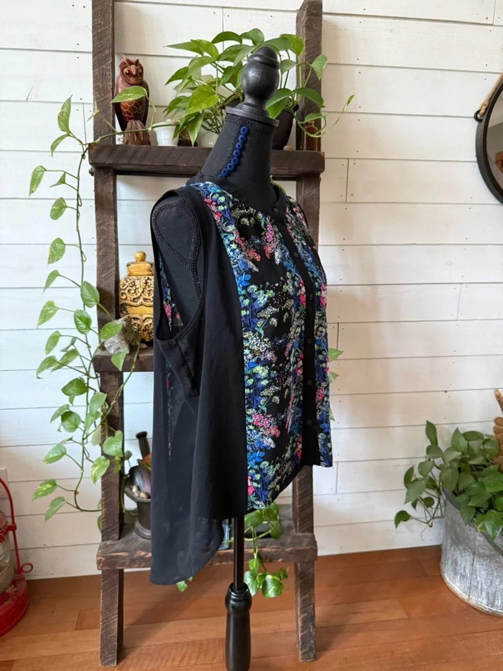 Nicole Miller: Long Black BoHo Flowy Floral Button Down Blouse